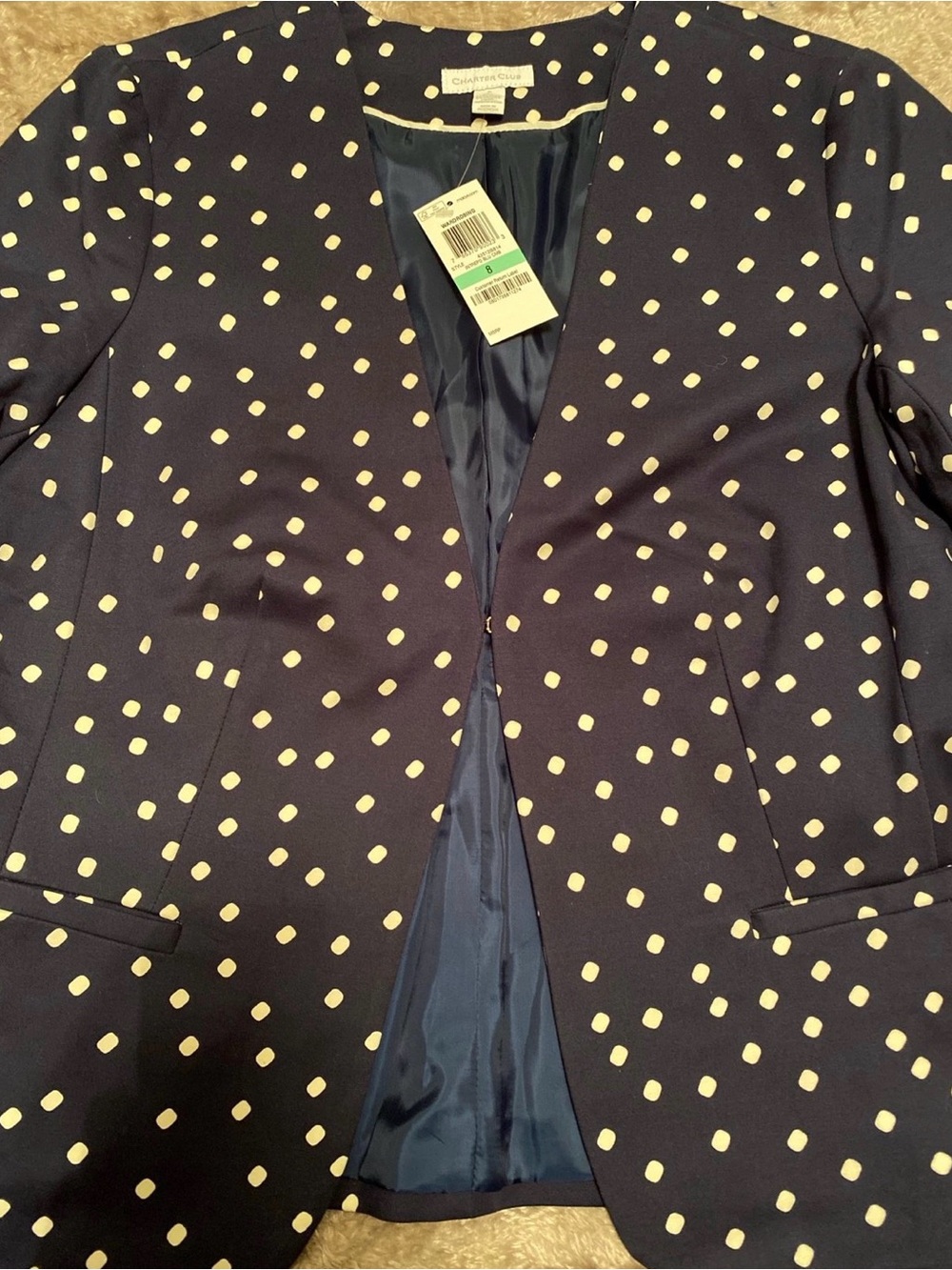 Charter Club Navy Blazer with Cream Polka Dots